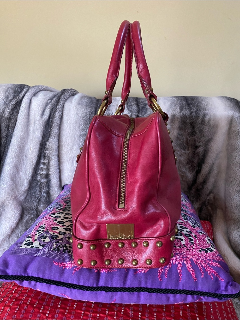 Kooba Handcrafted Red Antique Gold Studded Leather Bag Not Used